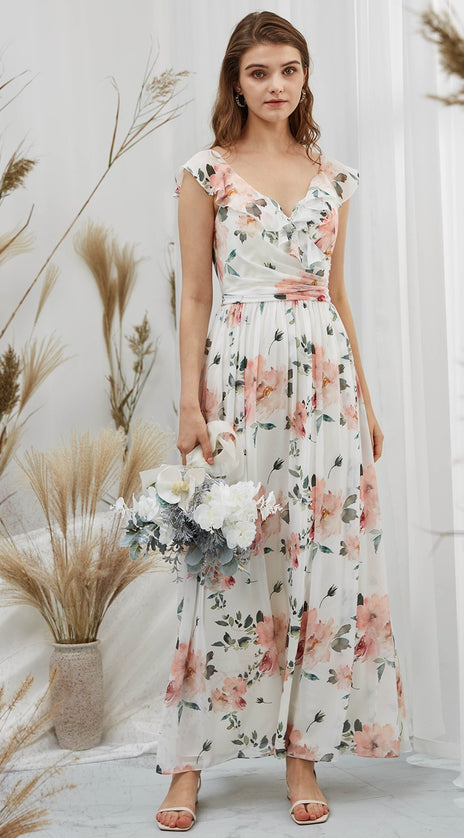 MissJophiel Cap Sleeves V Neck Long Floral Dresses for Women Wedding Party Guest Casual Spring Summer