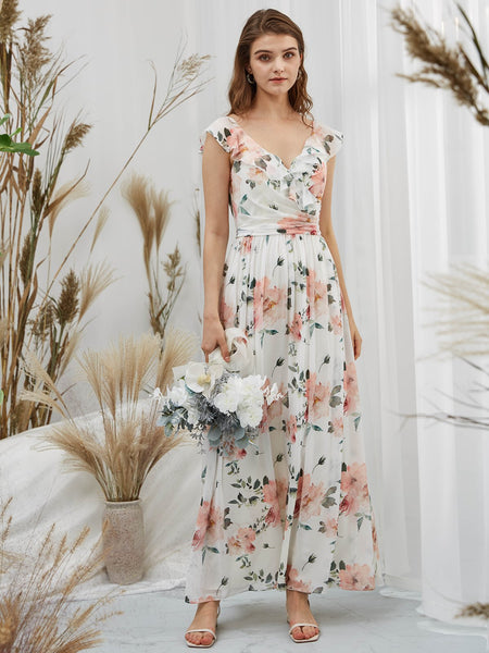 MissJophiel Cap Sleeves V Neck Long Floral Dresses for Women Wedding Party Guest Casual Spring Summer