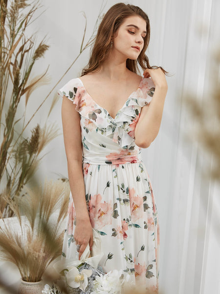 MissJophiel Cap Sleeves V Neck Long Floral Dresses for Women Wedding Party Guest Casual Spring Summer