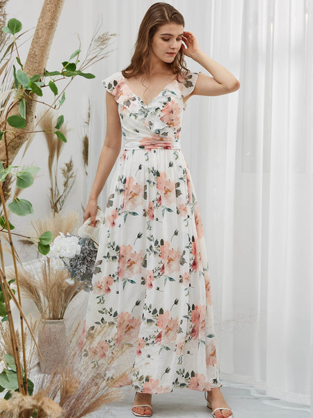 MissJophiel Cap Sleeves V Neck Long Floral Dresses for Women Wedding Party Guest Casual Spring Summer
