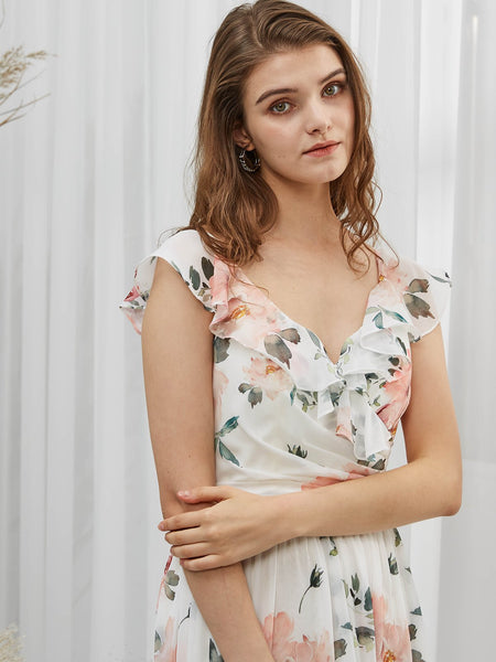 MissJophiel Cap Sleeves V Neck Long Floral Dresses for Women Wedding Party Guest Casual Spring Summer