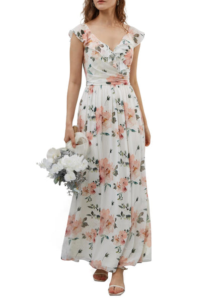 MissJophiel Cap Sleeves V Neck Long Floral Dresses for Women Wedding Party Guest Casual Spring Summer