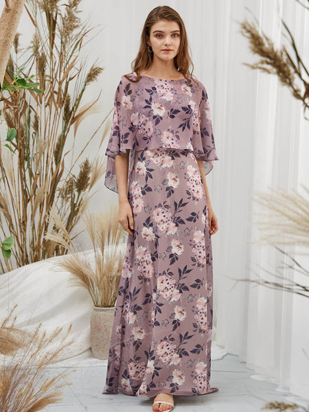 MissJophiel Women Dusty Violet Boat Neck Cape Sleeves Maxi Long Wedding Party Formal Evening Bridesmaid Evening Dresses