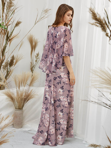 MissJophiel Women Dusty Violet Boat Neck Cape Sleeves Maxi Long Wedding Party Formal Evening Bridesmaid Evening Dresses
