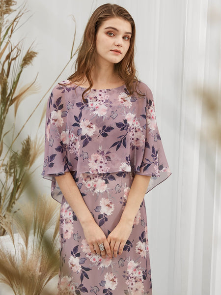MissJophiel Women Dusty Violet Boat Neck Cape Sleeves Maxi Long Wedding Party Formal Evening Bridesmaid Evening Dresses