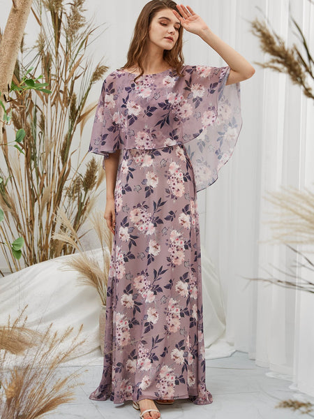 MissJophiel Women Dusty Violet Boat Neck Cape Sleeves Maxi Long Wedding Party Formal Evening Bridesmaid Evening Dresses