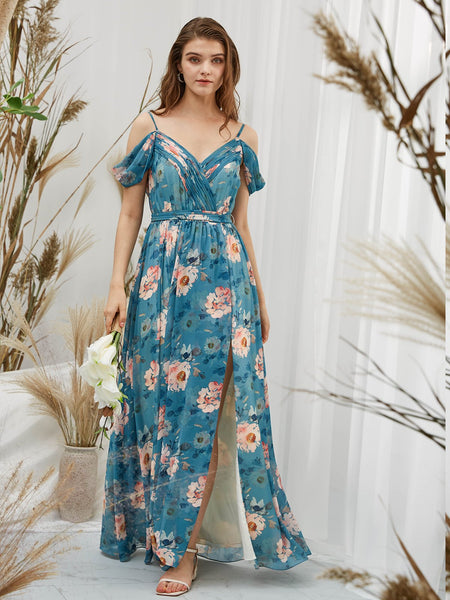 MissJophiel Women Cold Shoulder Long Teal Floral Dresses for Wedding Party Bridesmaid Formal Evening with Slit