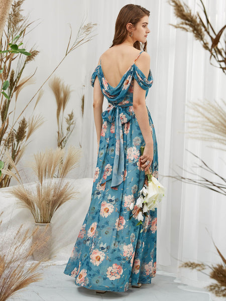 MissJophiel Women Cold Shoulder Long Teal Floral Dresses for Wedding Party Bridesmaid Formal Evening with Slit