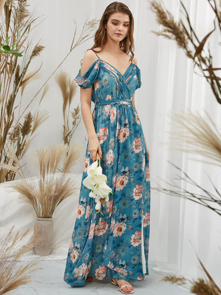 MissJophiel Women Cold Shoulder Long Teal Floral Dresses for Wedding Party Bridesmaid Formal Evening with Slit
