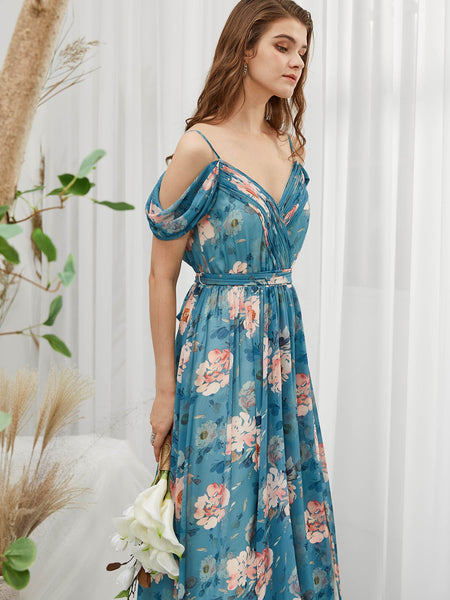 MissJophiel Women Cold Shoulder Long Teal Floral Dresses for Wedding Party Bridesmaid Formal Evening with Slit