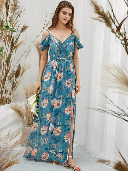 MissJophiel Women Cold Shoulder Long Teal Floral Dresses for Wedding Party Bridesmaid Formal Evening with Slit