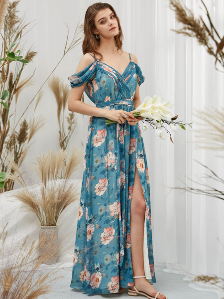 MissJophiel Women Cold Shoulder Long Teal Floral Dresses for Wedding Party Bridesmaid Formal Evening with Slit
