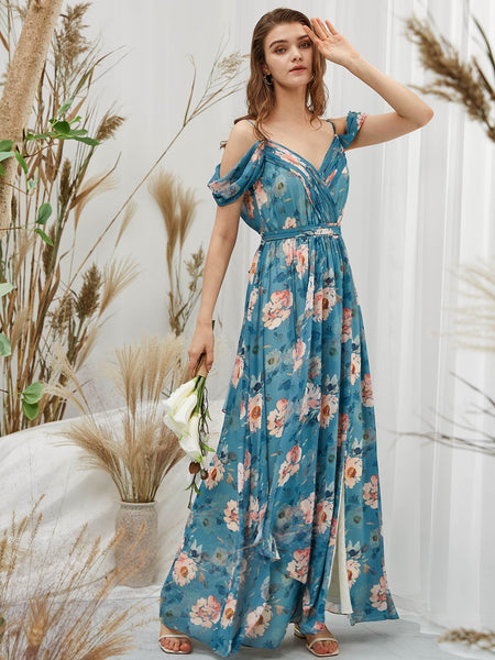 MissJophiel Women Cold Shoulder Long Teal Floral Dresses for Wedding Party Bridesmaid Formal Evening with Slit