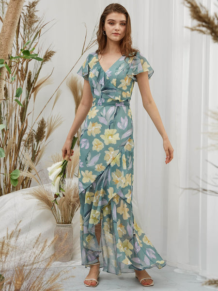 MissJophiel Ruffle Short Cap Sleeeves Tiered High Low Wedding Party Bridesmaid Guest Dresses Cocktail