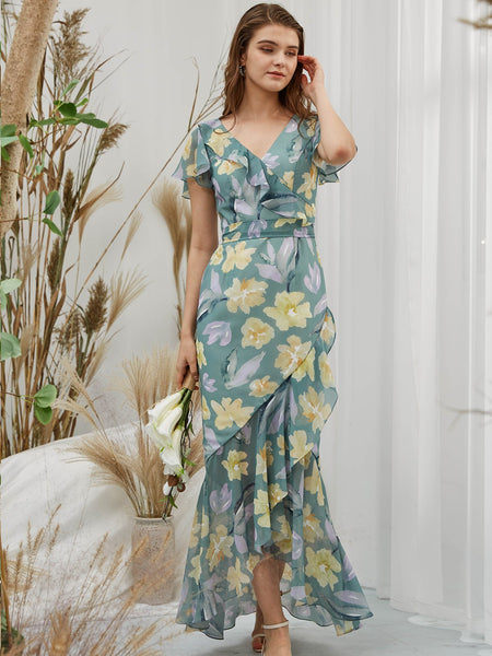 MissJophiel Ruffle Short Cap Sleeeves Tiered High Low Wedding Party Bridesmaid Guest Dresses Cocktail