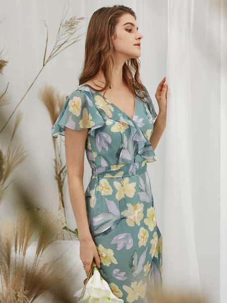 MissJophiel Ruffle Short Cap Sleeeves Tiered High Low Wedding Party Bridesmaid Guest Dresses Cocktail