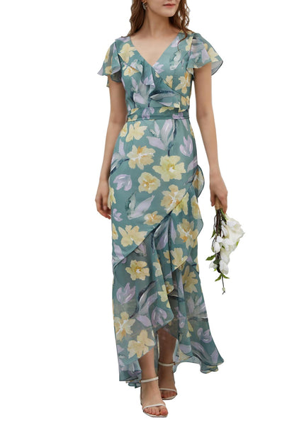 MissJophiel Ruffle Short Cap Sleeeves Tiered High Low Wedding Party Bridesmaid Guest Dresses Cocktail