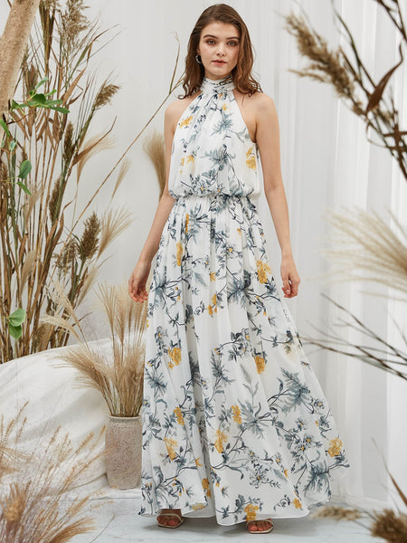 MissJophiel Women Halter High Neck Ivory Long Maxi Prom Dresses Wedding Party Guest Formal Evening