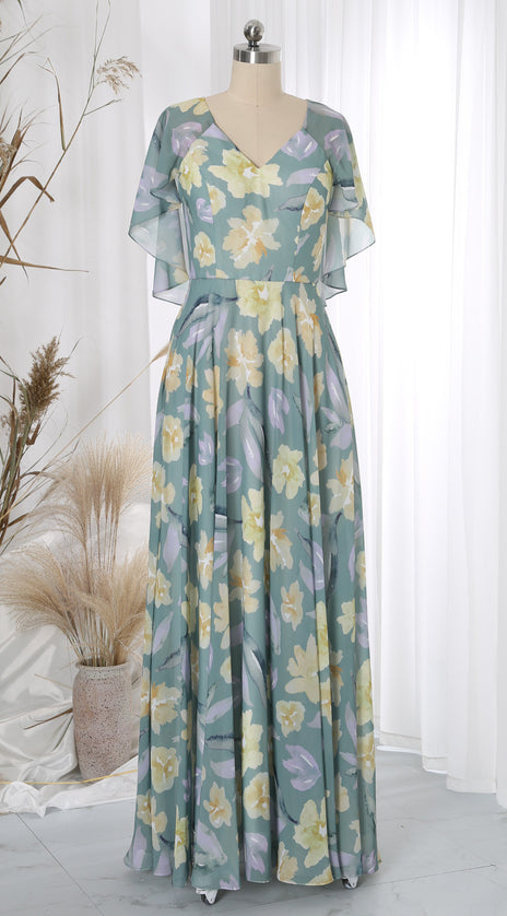 MissJophiel Sage V Neck Batwing Abstract Floral Maxi Long Wedding Party Bridesmaid Guest Brides Mother Dresses