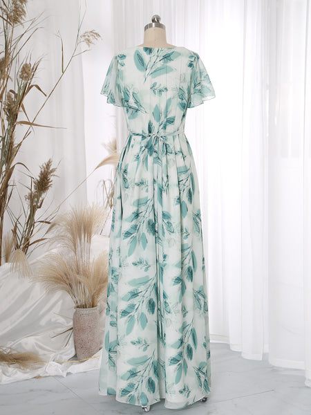 MissJophiel V Neck Wrap Flowy Leaf Pattern Short Sleeve Floor Length Wedding Party Bridesmaid Guest Dresses