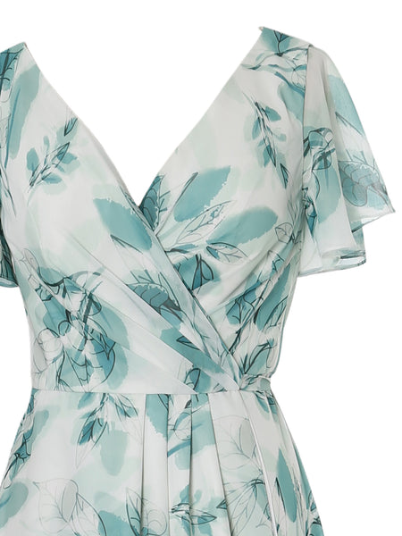 MissJophiel V Neck Wrap Flowy Leaf Pattern Short Sleeve Floor Length Wedding Party Bridesmaid Guest Dresses