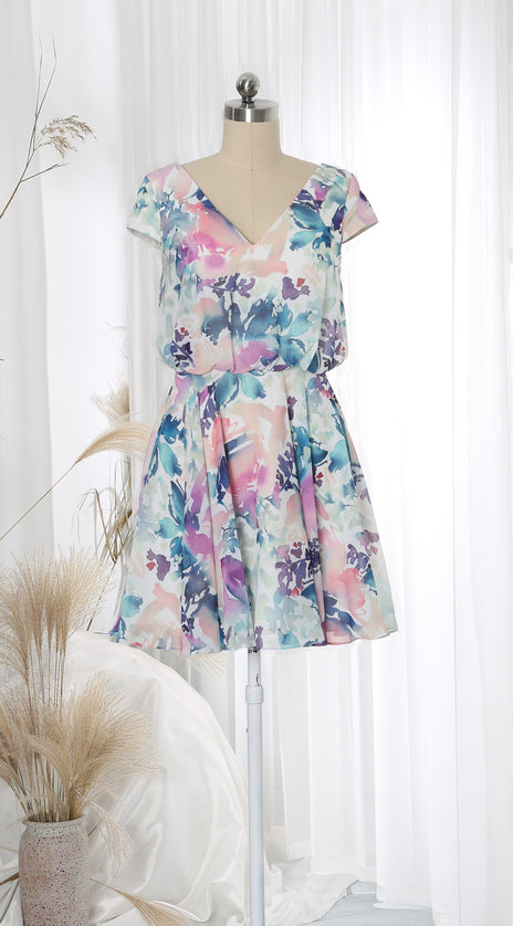 MissJophiel V Neck Cap Sleeve Short A line Abrstract Floral Wedding Party Bridesmaid Guest Cocktail Dresses