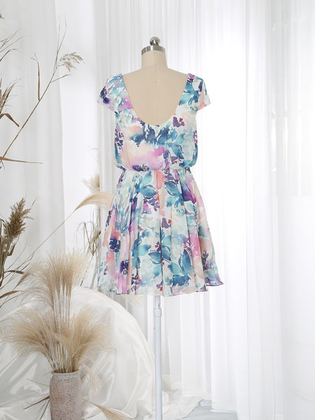 MissJophiel V Neck Cap Sleeve Short A line Abrstract Floral Wedding Party Bridesmaid Guest Cocktail Dresses