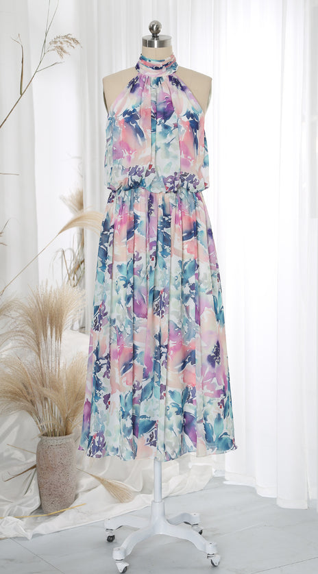 MissJophiel Halter Flowy Tea Length Midi Abstract Muliti-Color Floral Wedding Party Guest Cocktail Casual Dresses