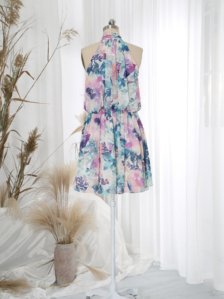 MissJophiel Women Halter High Neck Short Above Knee Abstract Multi-Color Casual Cocktail Dresses