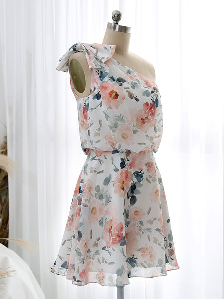 MissJophiel One Shoulder Short Above Knee Peach Wedding Party Bridesmaid Dress Cocktail Outfit