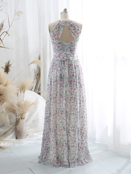 MissJophiel Halter Empire Waist Floor Length Long Floral Lavender Wedding Party Bridesmaid Dresses Formal Gown