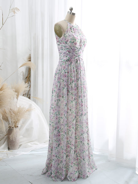 MissJophiel Halter Empire Waist Floor Length Long Floral Lavender Wedding Party Bridesmaid Dresses Formal Gown