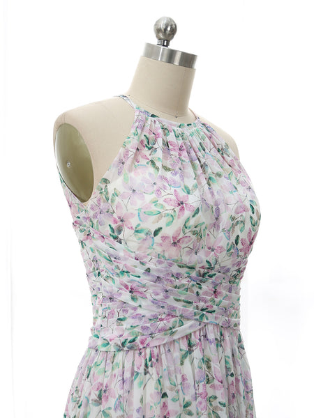 MissJophiel Halter Empire Waist Floor Length Long Floral Lavender Wedding Party Bridesmaid Dresses Formal Gown