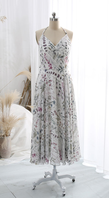 V Neck Tea Length A Line Floral Pattern Keyhole Back Wedding Party Guest Dresses