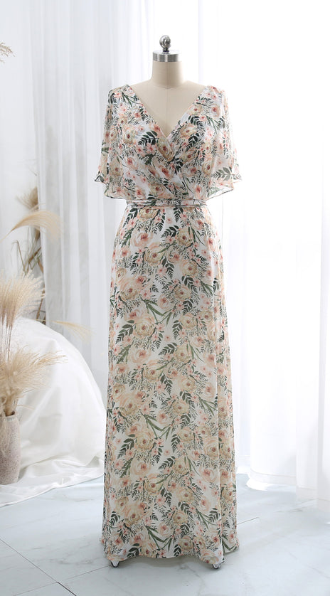 V Neck Ruffled Half Sleeeve Long Pleated Floral Wedding Party Guest Formal Dresses