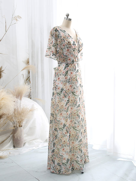 V Neck Ruffled Half Sleeeve Long Pleated Floral Wedding Party Guest Formal Dresses