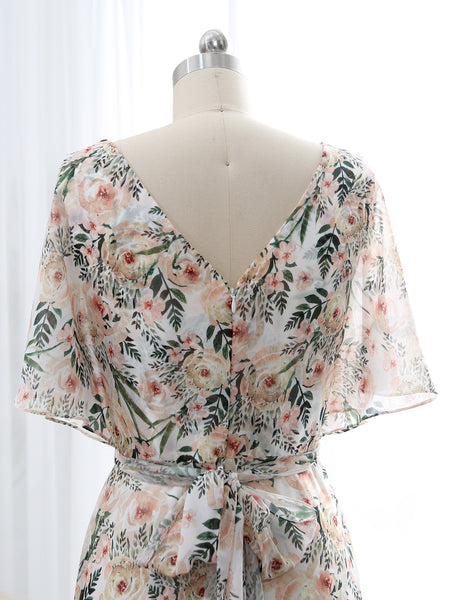 V Neck Ruffled Half Sleeeve Long Pleated Floral Wedding Party Guest Formal Dresses