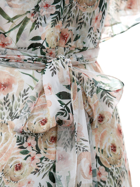 V Neck Ruffled Half Sleeeve Long Pleated Floral Wedding Party Guest Formal Dresses