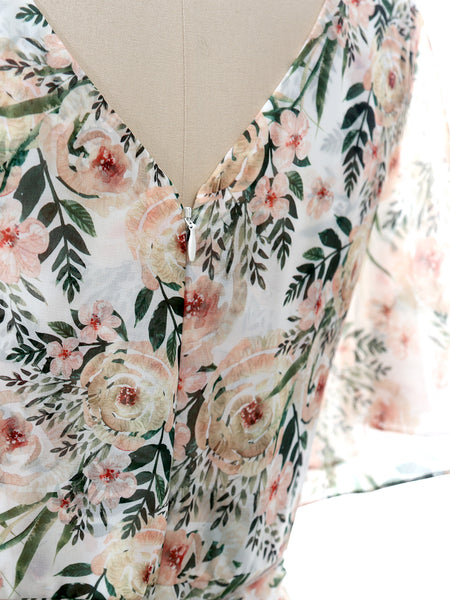 V Neck Ruffled Half Sleeeve Long Pleated Floral Wedding Party Guest Formal Dresses