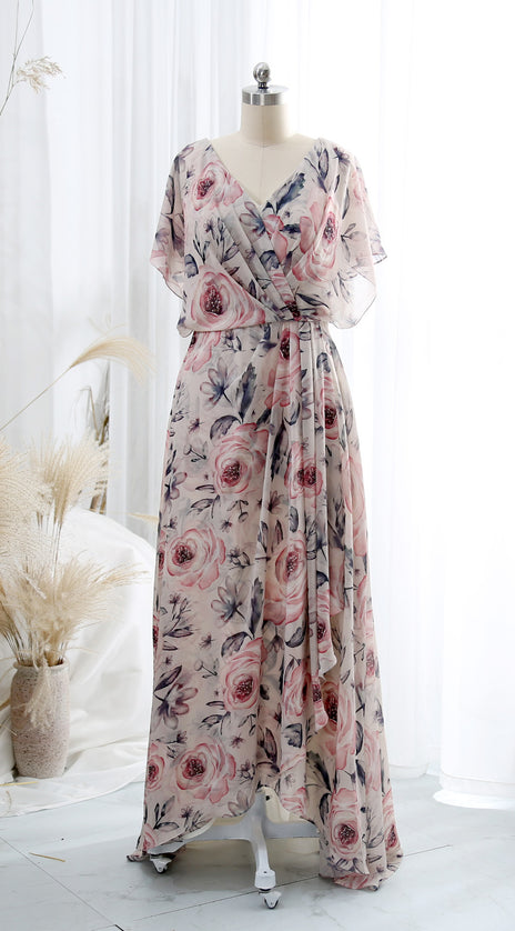 MissJophiel V Neck Draped High Low Flowy Short Sleeve Floral Wedding Party Guest Dresses