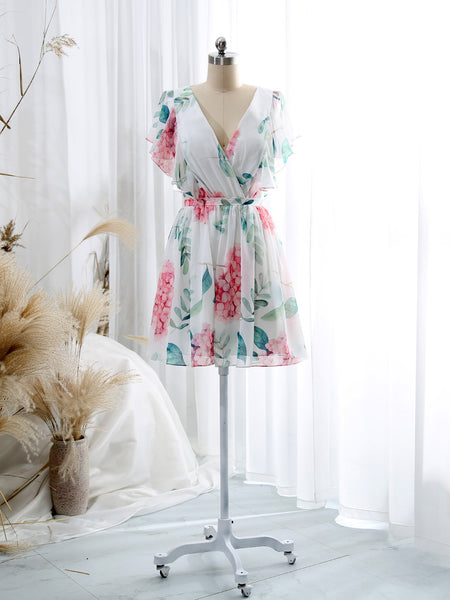 MissJophiel V Neck Ruffled Sleeve Short Above Knee Wedding Party Causal Cocktail Dresses