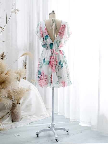 MissJophiel V Neck Ruffled Sleeve Short Above Knee Wedding Party Causal Cocktail Dresses