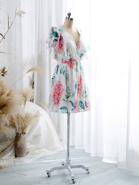 MissJophiel V Neck Ruffled Sleeve Short Above Knee Wedding Party Causal Cocktail Dresses