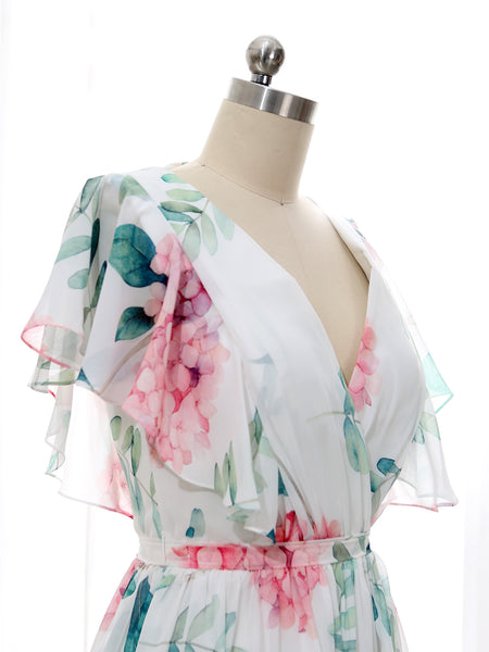 MissJophiel V Neck Ruffled Sleeve Short Above Knee Wedding Party Causal Cocktail Dresses