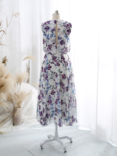 MissJophiel Women O Neck Plum Keyhole Back Tea Length Cocktail Wedding Party Bridesmaid Guest Dresses