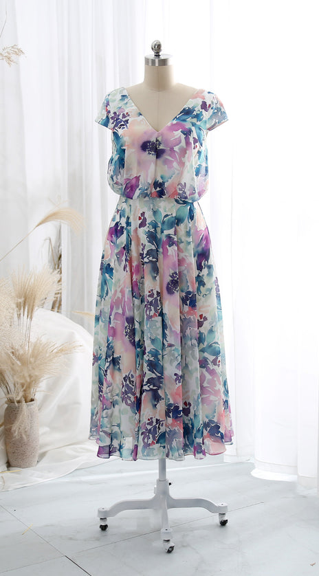 MissJophiel V Neck Cap Sleeve Tea Length Semi Formal Wedding Party Guest Bridesmaid Dresses