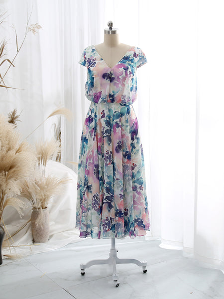MissJophiel V Neck Cap Sleeve Tea Length Semi Formal Wedding Party Guest Bridesmaid Dresses