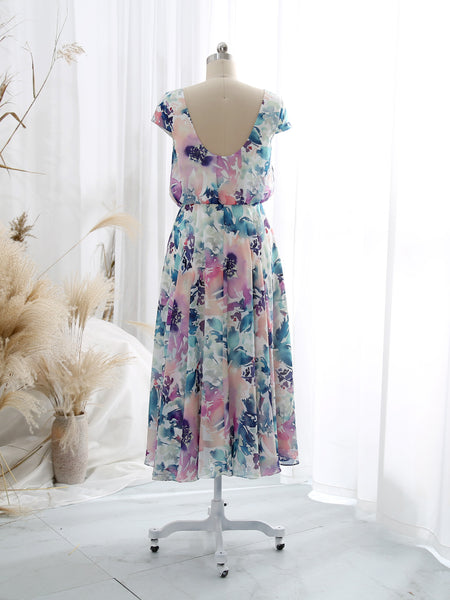 MissJophiel V Neck Cap Sleeve Tea Length Semi Formal Wedding Party Guest Bridesmaid Dresses