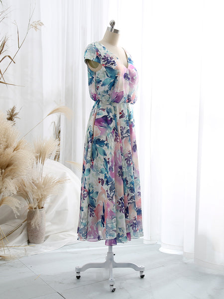 MissJophiel V Neck Cap Sleeve Tea Length Semi Formal Wedding Party Guest Bridesmaid Dresses