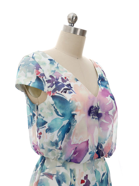 MissJophiel V Neck Cap Sleeve Tea Length Semi Formal Wedding Party Guest Bridesmaid Dresses